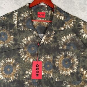 HUGO Boss Shirt Mens Large Green Sunflower Print Short Sleeve Camp Collar Cotton